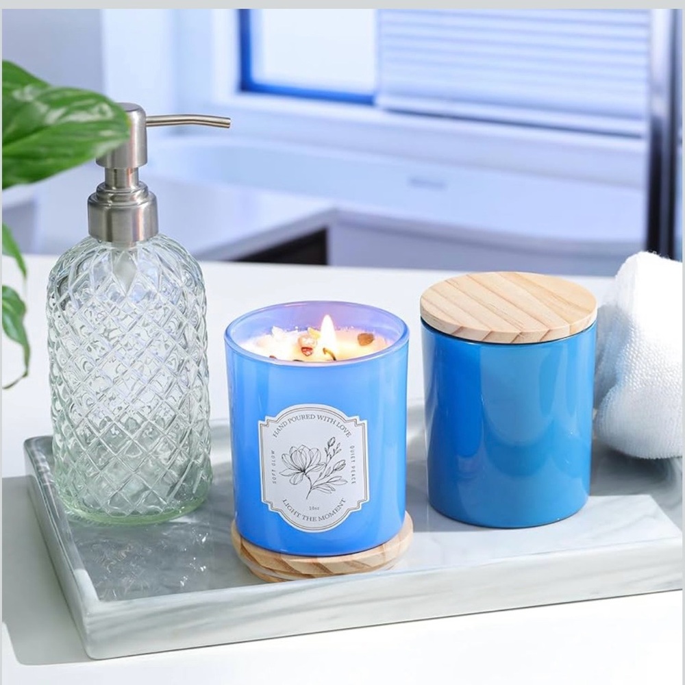 12Pcs Assorted Blue Glass Candle Jars with Wooden Lids for Making Candles - Picture 6 of 8